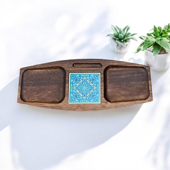 MCM Wood Charcuterie Board Platter w/ Ceramic Tile 1960s Wooden Serveware Japan - Picture 1 of 8